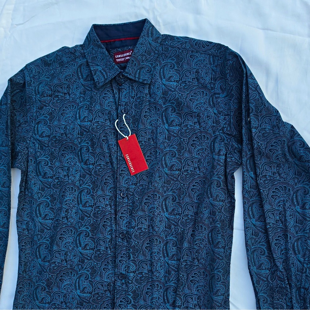Consequence Men's Woven Tonal Paisley LS Button-Up Point Collar S Navy #254